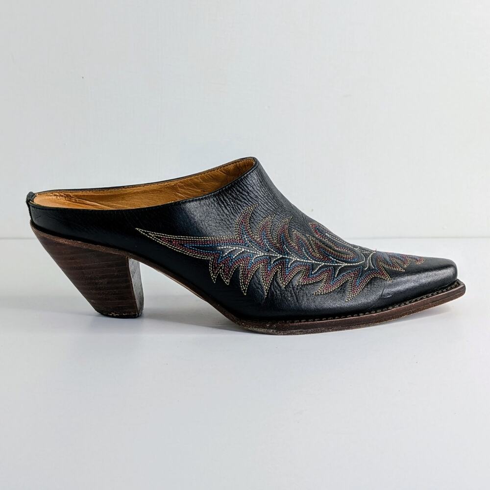 Charlie 1 Horse Shoes Womens 8.5 Black Mules Heels Leather Cowboy Slip On Pointy - Picture 10 of 16